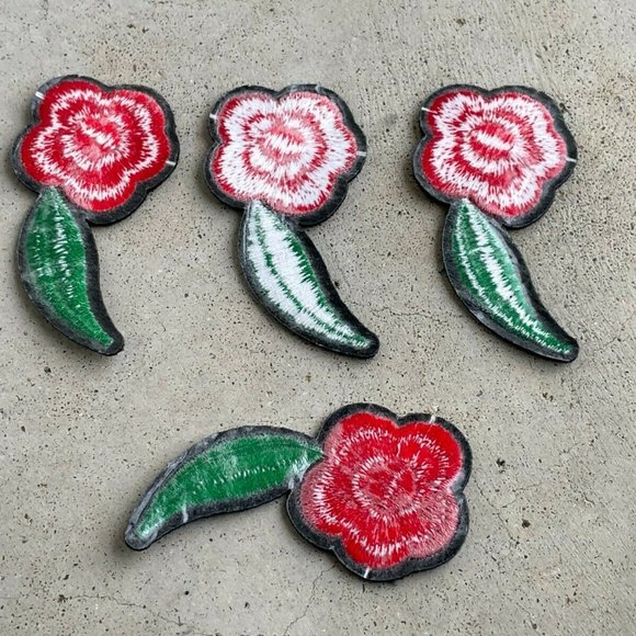 Red Flower With Green Leaf Patches Iron On Embroidery Applique Patches Lot of 4 - Picture 7 of 9